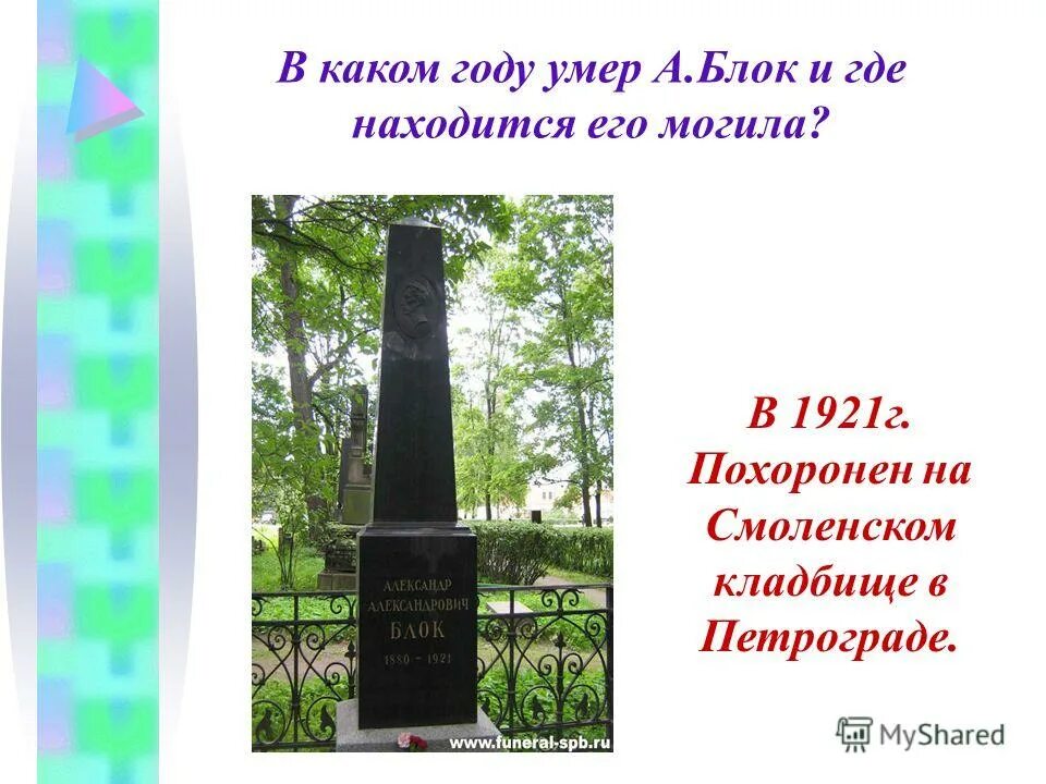 В каком году умер г. Блок похоронен на Смоленском. Могила блока. Презентация на год смерти. Блок на Смоленском кладбище.