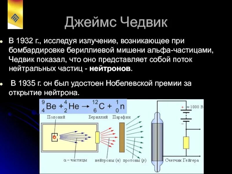 Бериллиевое излучение Чедвик. Эксперимент Чедвика по открытию нейтрона. Схема открытия нейтрона Чедвиком.