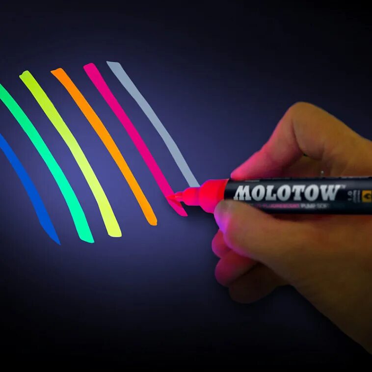 Фломастеры которые светятся в темноте. Molotow набор маркеров grafx uv-fluorescent basic set 1, 6 шт.. фосфорные фломастеры. неоновые маркеры. флуоресцентный маркер молотов.
