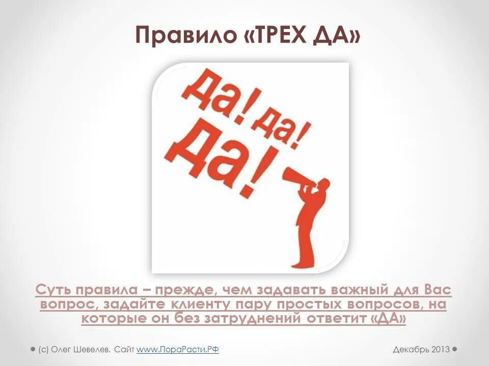 Правило 3 да. Правило 3 да примеры. Правило трех да в продажах. Техника 3 да.