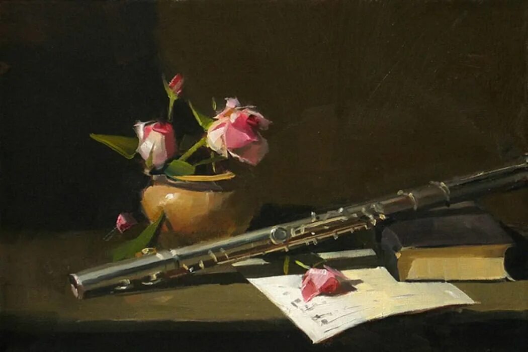 Кларнет и скрипка. Qiang Huang живопись розы. Натюрморт с музыкальными инструментами. Натюрморт с флейтой.