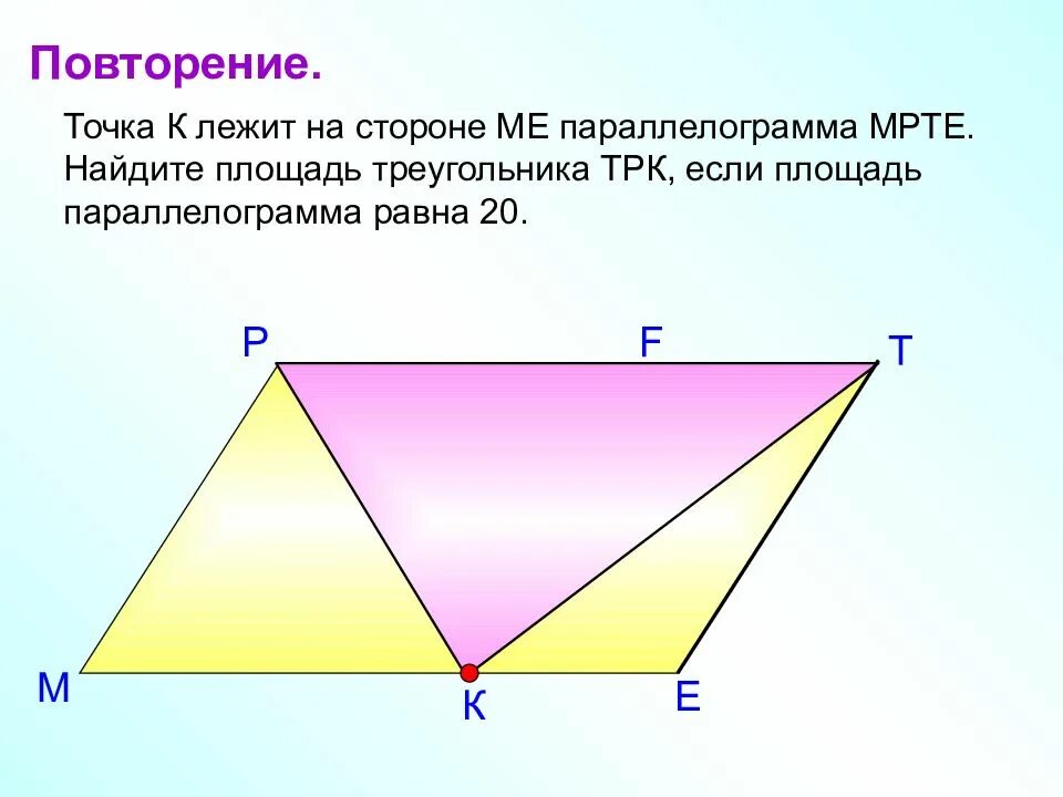 Сторона м. Площадь параллелограмма площадь треугольника. Треугольник в параллелограмме. Как найти площадь треугольника в параллелограмме. Точка лежит на стороне.