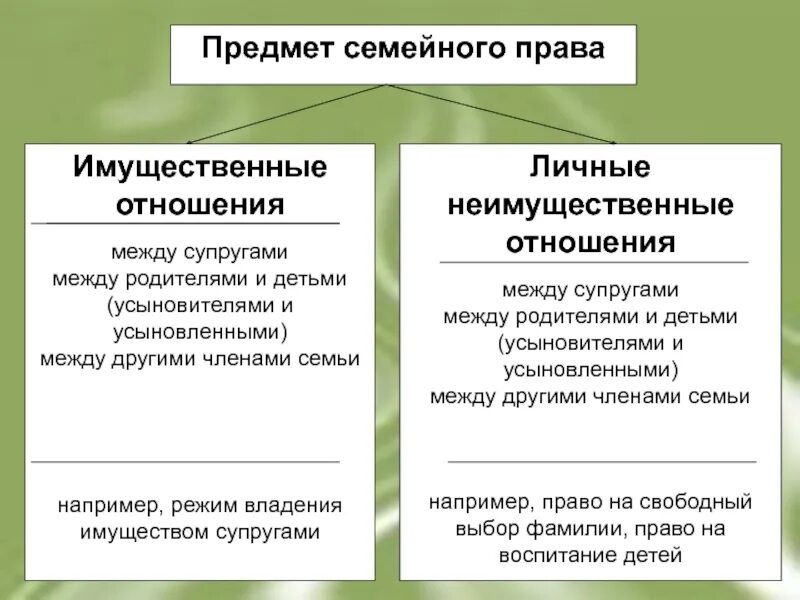 Личные отношения возникают при. Семейное право предмет. Семейные правоотношения личные и имущественные. Личные и имущественные правоотношения между супругами и детьми.