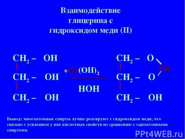 Глицерин реагирует с гидроксидом меди. Реакция многоатомных спиртов с гидроксидом меди 2. Взаимодействие глицерина с гидроксидом меди (II). Уравнение реакции глицерина с гидроксидом меди 2. Взаимодействие глицерина с гидроксидом меди 2.