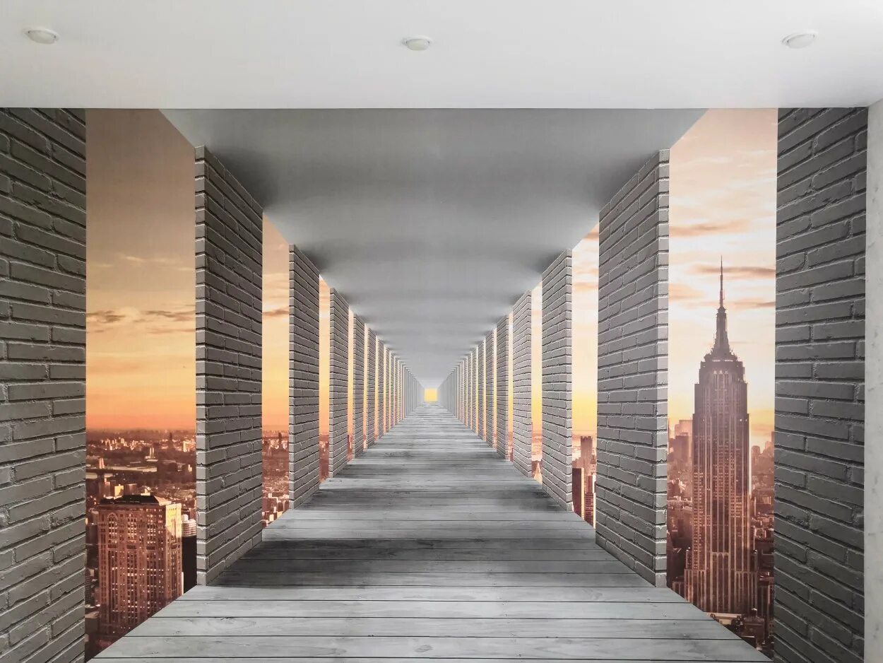 Геометрические иллюзии в интерьере. Комната с белой кирпичной стеной. Увеличить стену стене. Геометрические фигуры на стене. Оптические иллюзии в интерьере.