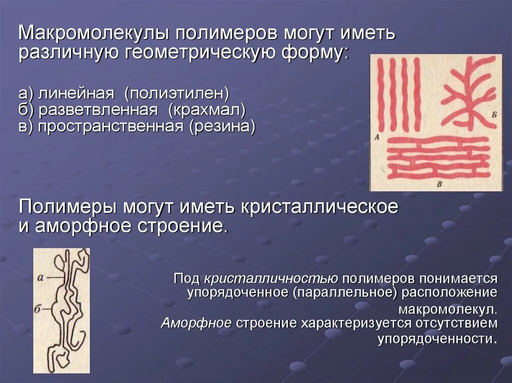 Геометрическая структура макромолекулы. Форма макромолекул полимеров линейная разветвленная сетчатая. Линейная форма макромолекул полимеров. Структура макромолекул полимеров. Полиэтилен высокого строение макромолекулы.