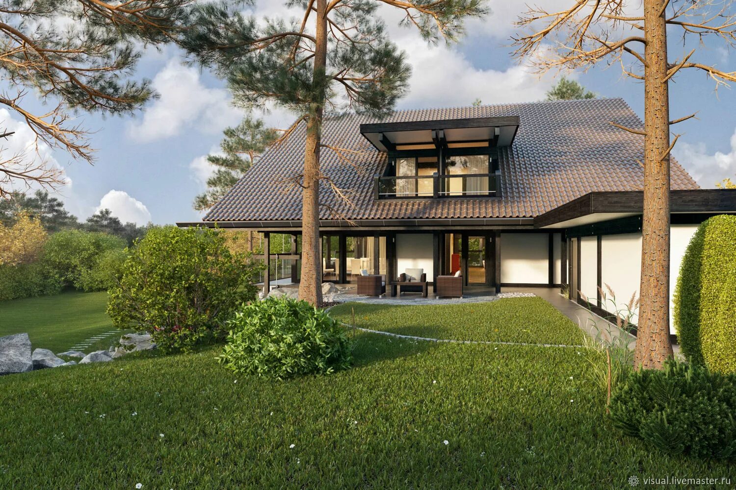 Д визуализация дом. 3ds max ландшафт. загородный дом. визуализация экстерьера. визуализация коттеджа.