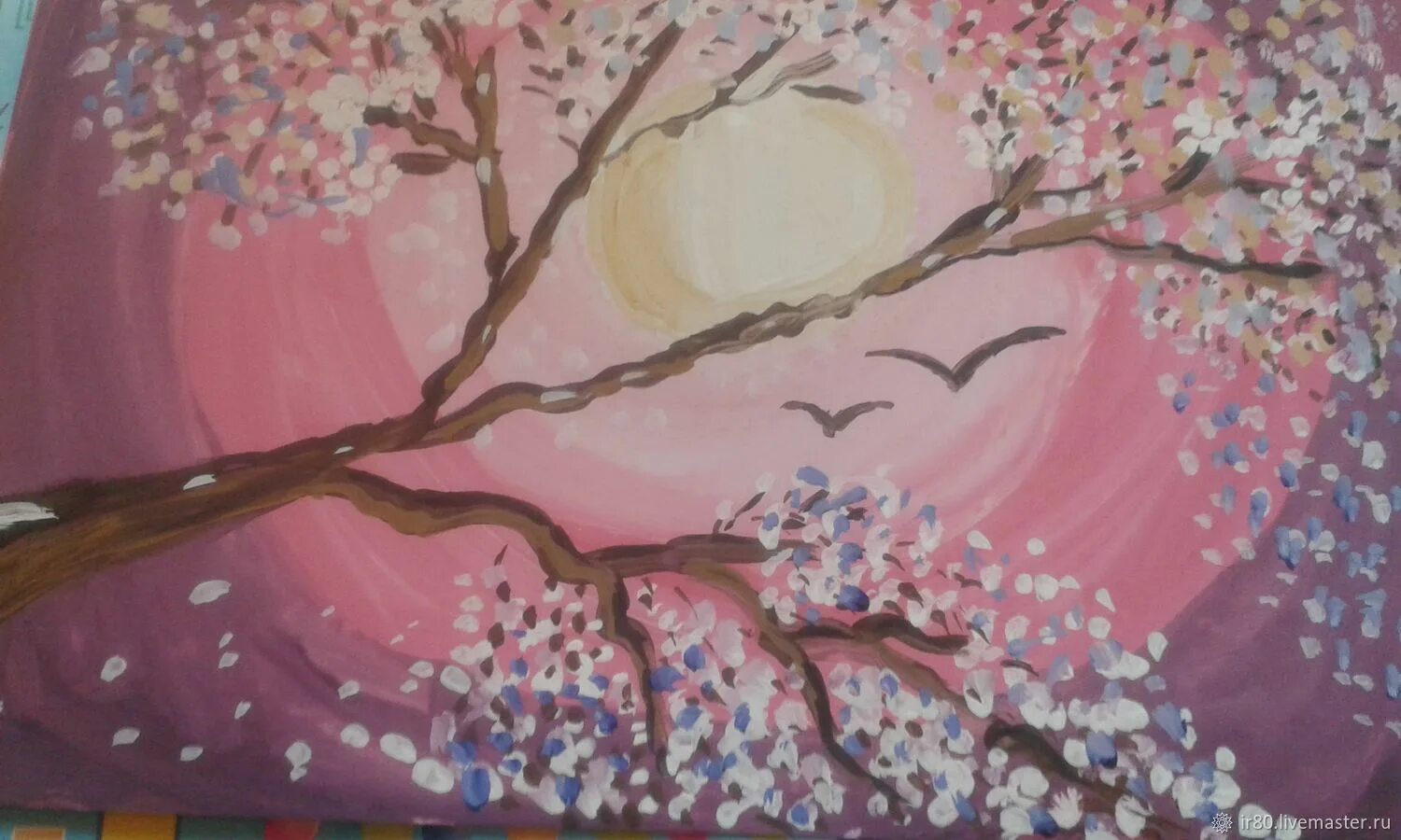 Изо сакура. «Коллективное панно. Праздник цветения вишни-Сакуры».. Весенний пейзаж гуашью. Весенний пейзаж гуашью для детей.