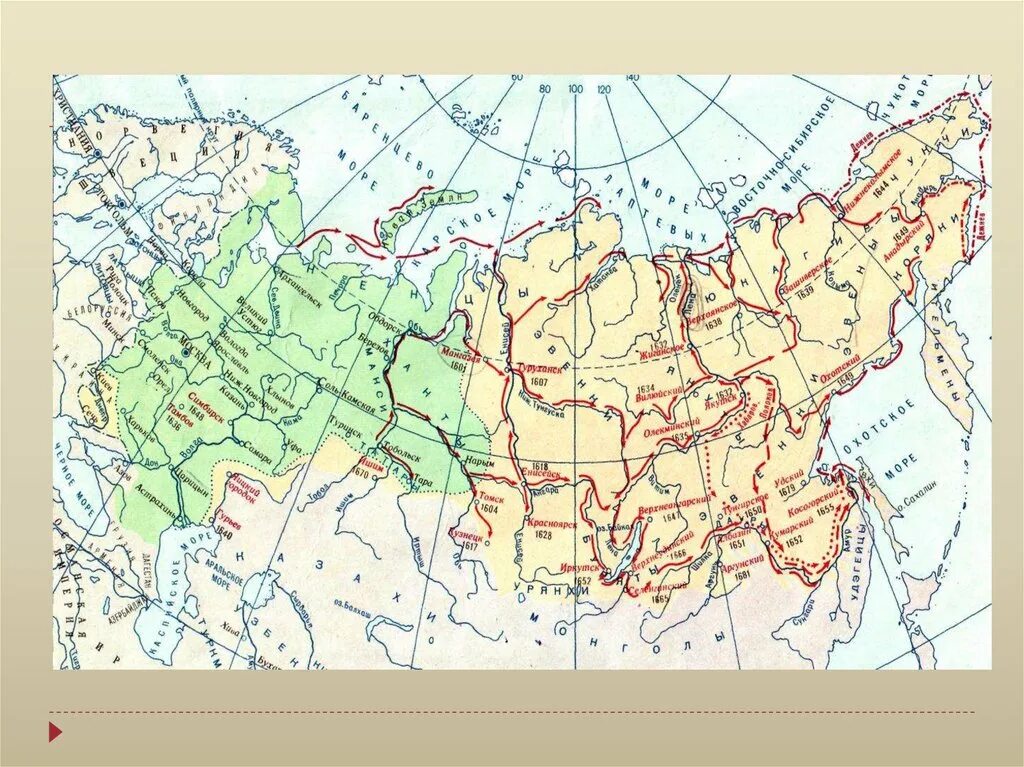 Рост территории россии в xviii. Сибирь и Дальний Восток на карте России в 17 веке. Освоение Сибири и дальнего Востока карта России в 17 веке. Карта русские землепроходцы 17 века в Сибири. Карта Сибири и дальнего Востока 17 века.