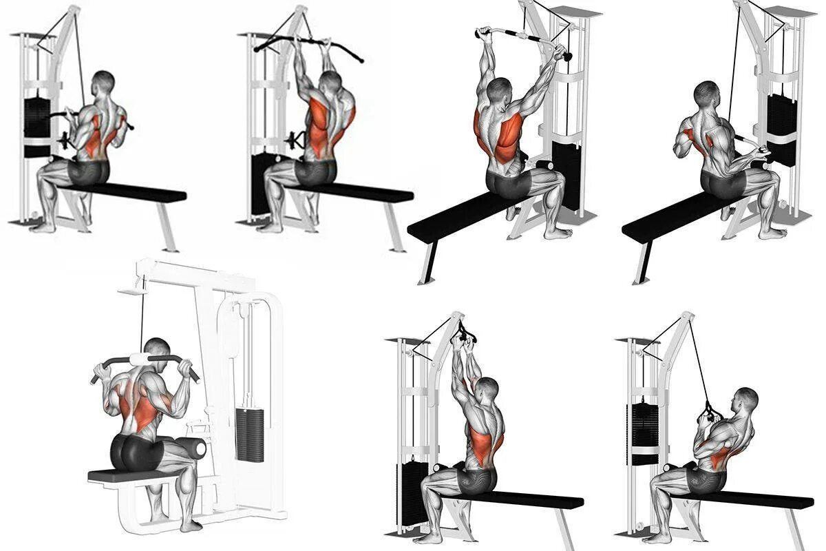 Упражнения на спину в тренажерном зале для мужчин. Упражнения на тренажерах для накачивания грудных мышц. Тяга верхнего блока Хаммер. Упражнения на спину в тренажерном зале на тренажерах.