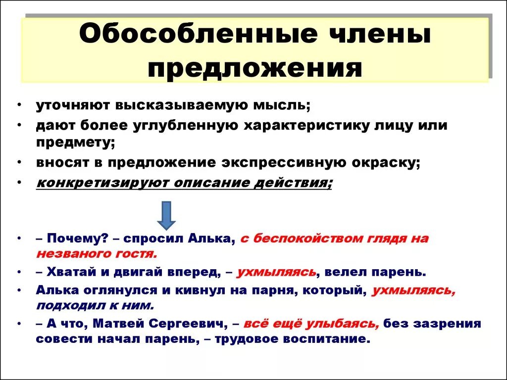 Предложения с обособленными членами. Составьте предложения используя в качестве обособленных уточняющих