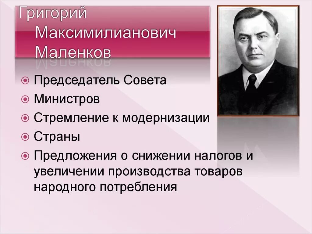 Какой пост занимал маленков. Какой пост занимал маленков