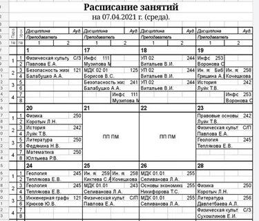 Расписание на среду
