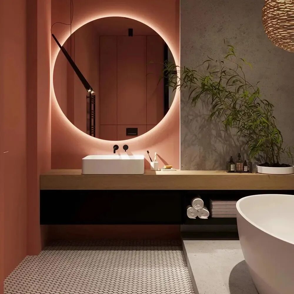 Ванна с круглым зеркалом интерьер KOHROS Oval Beveled Polished Frameless Wall Mirror for Bathroom a Must Furnitu