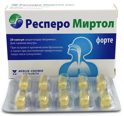 капсулы от гайморита. 300 мг №20. десперо миртол. респеро миртол 300. таблетки от синусита миртол.