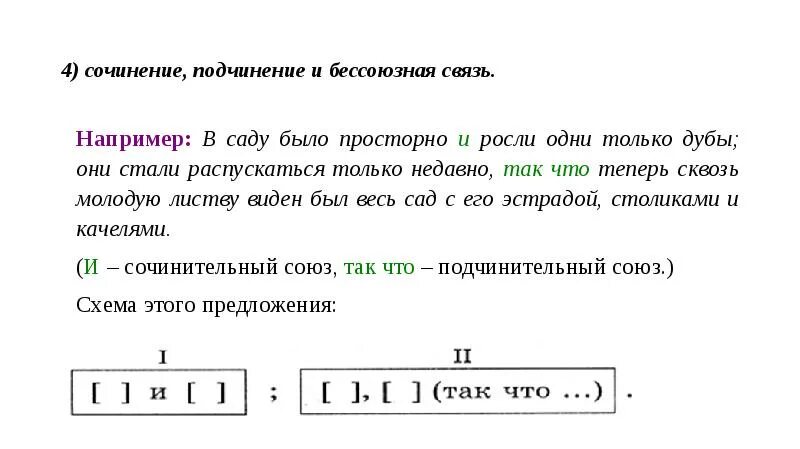 Сочинение подчинение и бессоюзная связь схема. Сочинение и подчинение в сложном предложении. Предложения с сочинением и подчинением. Предложение сочинение подчинение и бессоюзная связь.