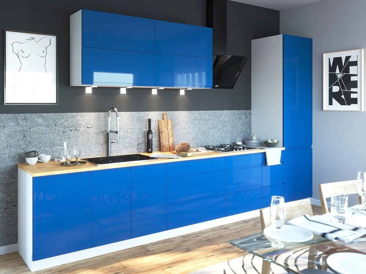 Синяя кухня. Кухни эмаль глянец рал 5005. Синие кухни. Кухня с синими фасадами. Синий кухонный гарнитур.