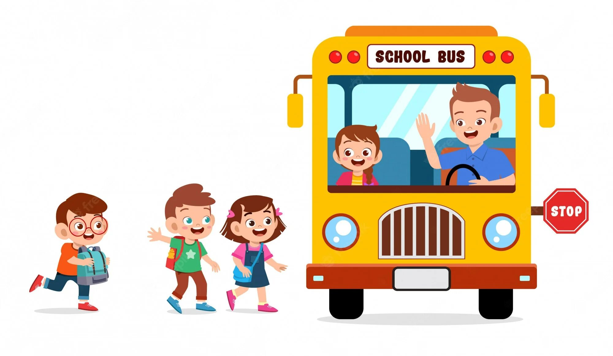 I get i go to school. Go to School by Bus. Children go to School by Bus. Детская картинка дети идут в школьный автобус. Go to School by Bus картинка.