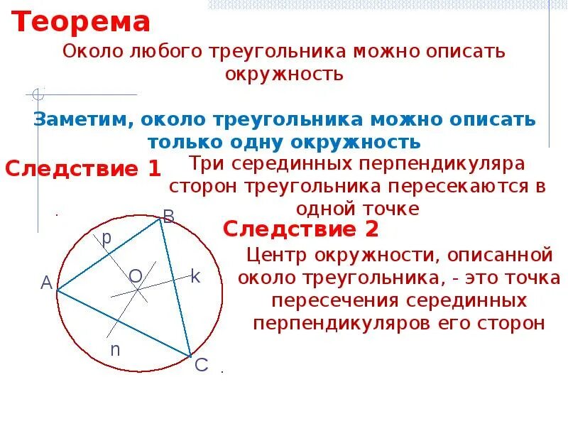 Центр описанного круга. Теорема о центре окружности описанной около треугольника. Центр окружности вписанной и описанной около треугольника. Теорема о центре окружности описанной вокруг треугольника. Теорема о центре описанной окружности с доказательством.