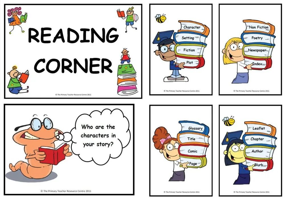 Reading title. Writes Corner. Reading Corner text. Reading corner