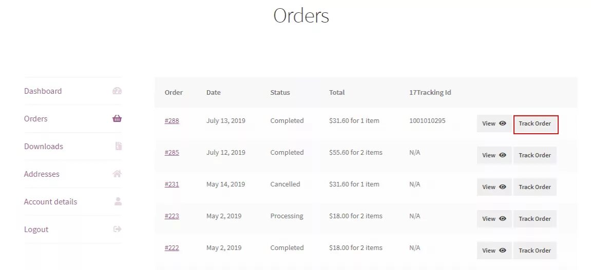 Woocommerce ordering. Track order.