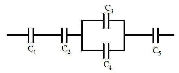 Схема параллельного соединения 3 конденсаторов. Смешанное соединение конденсаторов схема. Общая емкость конденсаторов при смешанном соединении. Схема соединения 5 конденсаторов. Четыре одинаковые емкости