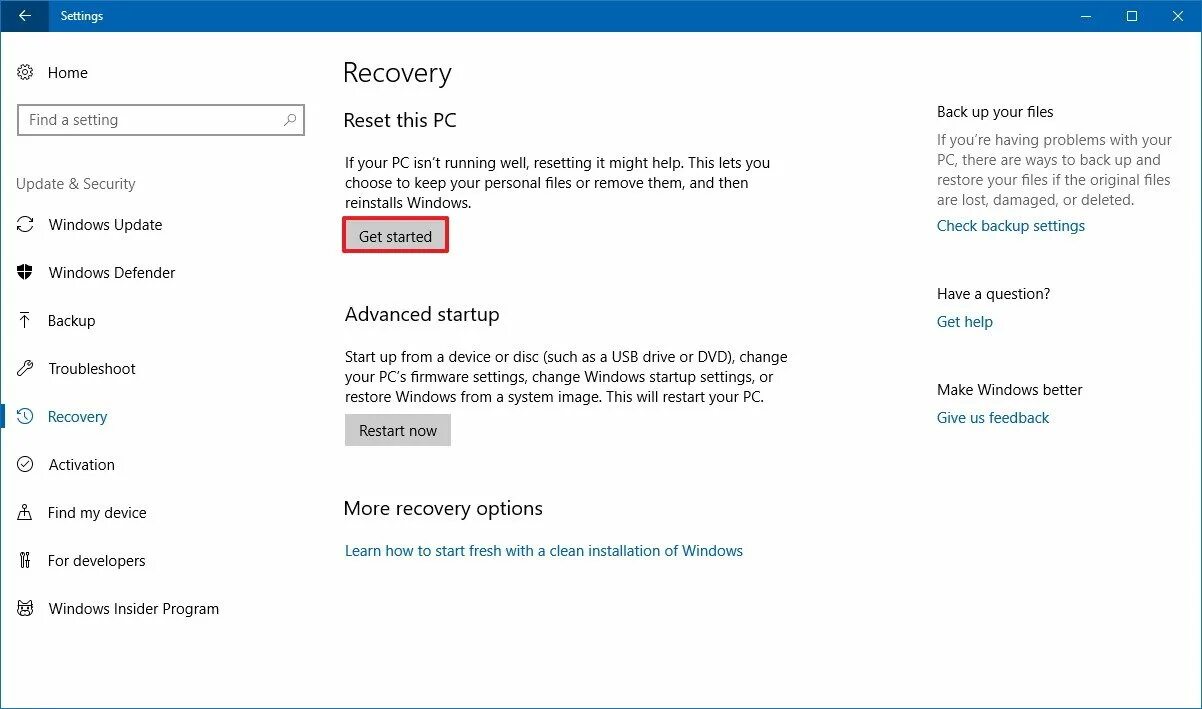 Startup setting. Advanced Startup. Advanced settings in Windows Defender. Startup troubleshoot. Windows update restored.