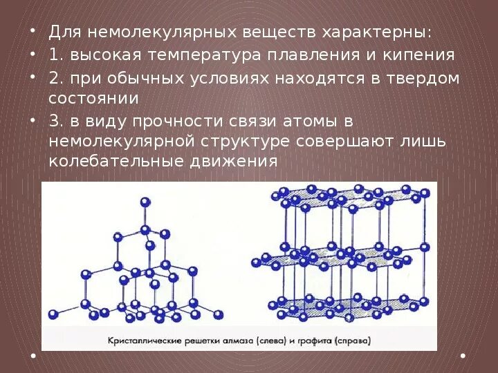 Средний молекулярные вещества. Кристаллическая решетка немолекулярного строения. Кристаллические решетки веществ с немолекулярным строением. Вещества молекулярного и немолекулярного строения 8. Молекулярная структура вещества.