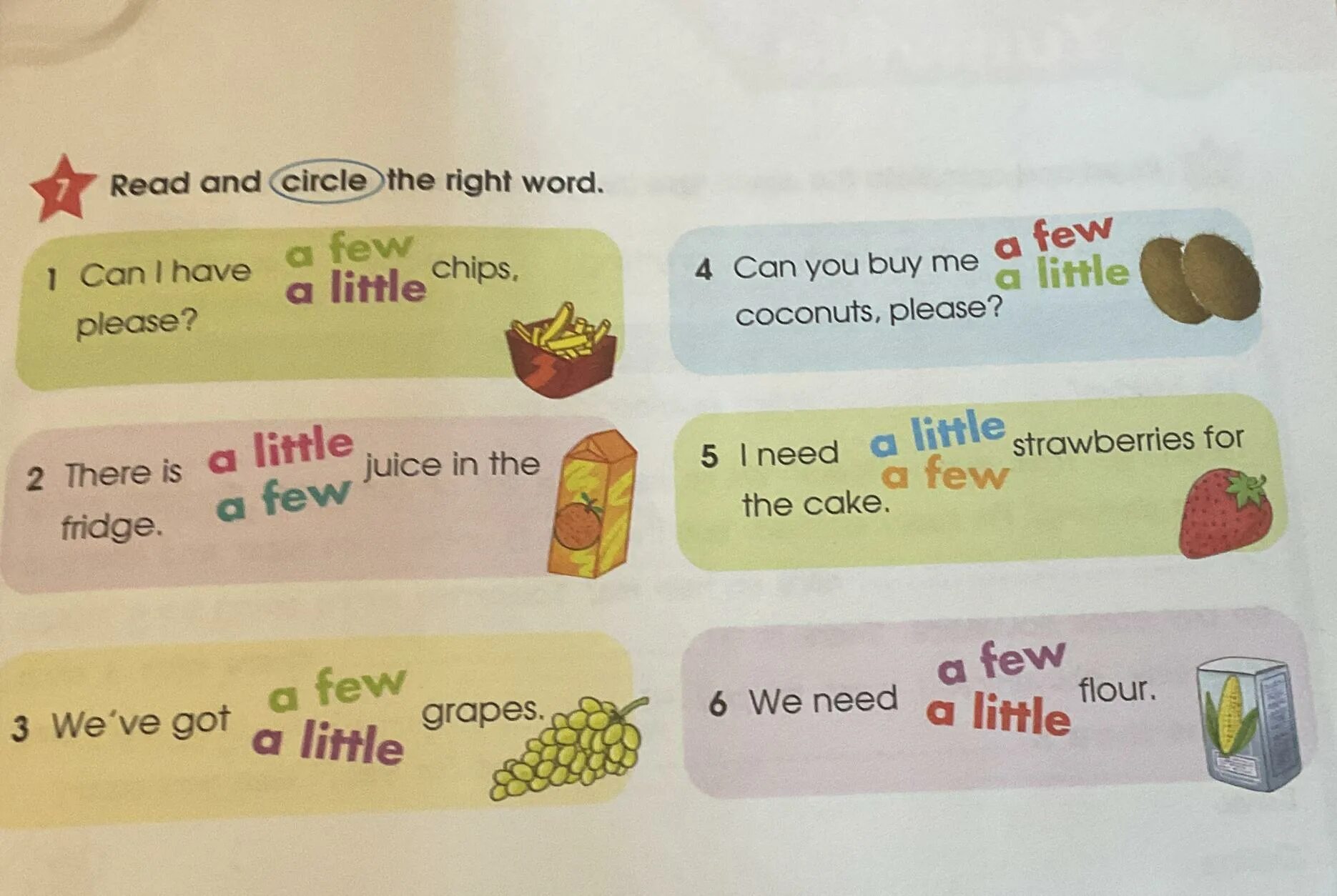 Read and the right word. Chips a few или a little. a little chips или a few chips. read and circle. a few a little.