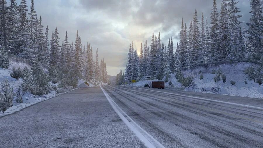 American truck simulator мод frozen. Мод на зиму атс. American truck simulator зима. American truck simulator зима. Зимняя дорога в игре симулятор.
