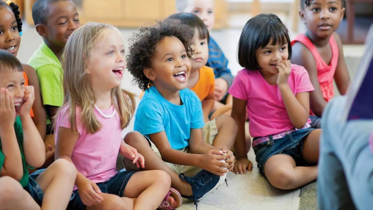 Child service. Emotion Development for preschoolers. Happy children in Kindergarten Black and White photo.