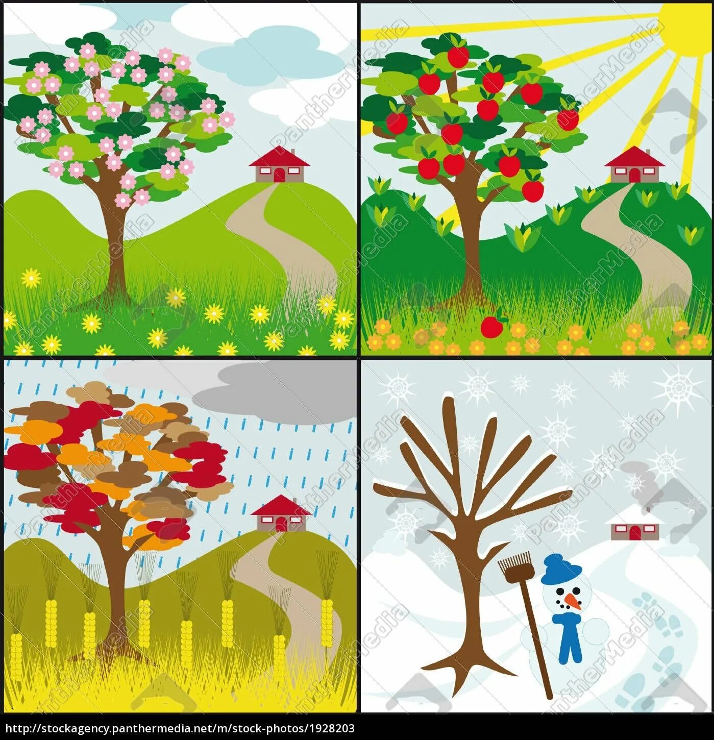 Яблоня в разные времена года. Иллюстрации с изображением времен года. Пейзажи по временам года для дошкольников. Четыре времени года рисунок.