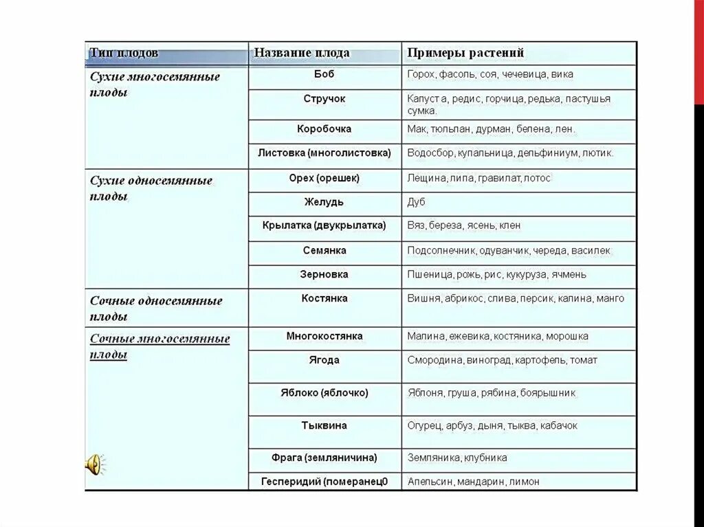 Назовите типы плодов. Таблица по биологии 6 класс название плода Тип плода. Таблица плодов 6 класс. Таблица по биологии 6 класс название плода. Типы плодов растений таблица с примерами 6 класс биология.