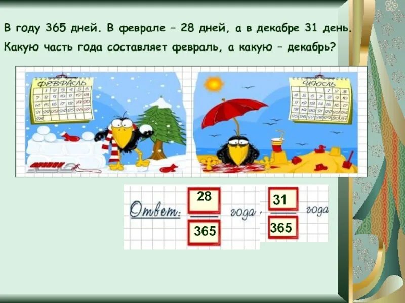 365 дней високосный год. 365 Дней в году. Какую часть года составляет январь. Февраль 28 дней в каких годах. В году 365.