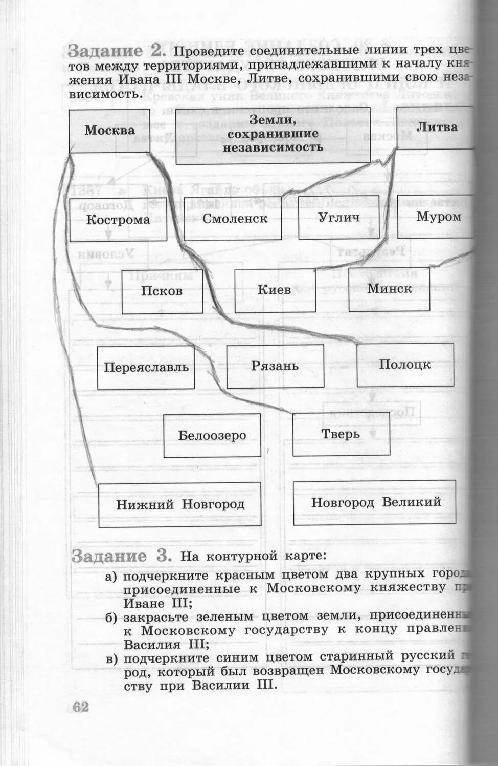 Анализ 6 класс тетрадь. Проведите соединительные линии трех цветов. Проведите соединительные линии 3 цветов между территориями. Проведите соединительные линии 2 цветов. Задание 62 по истории.