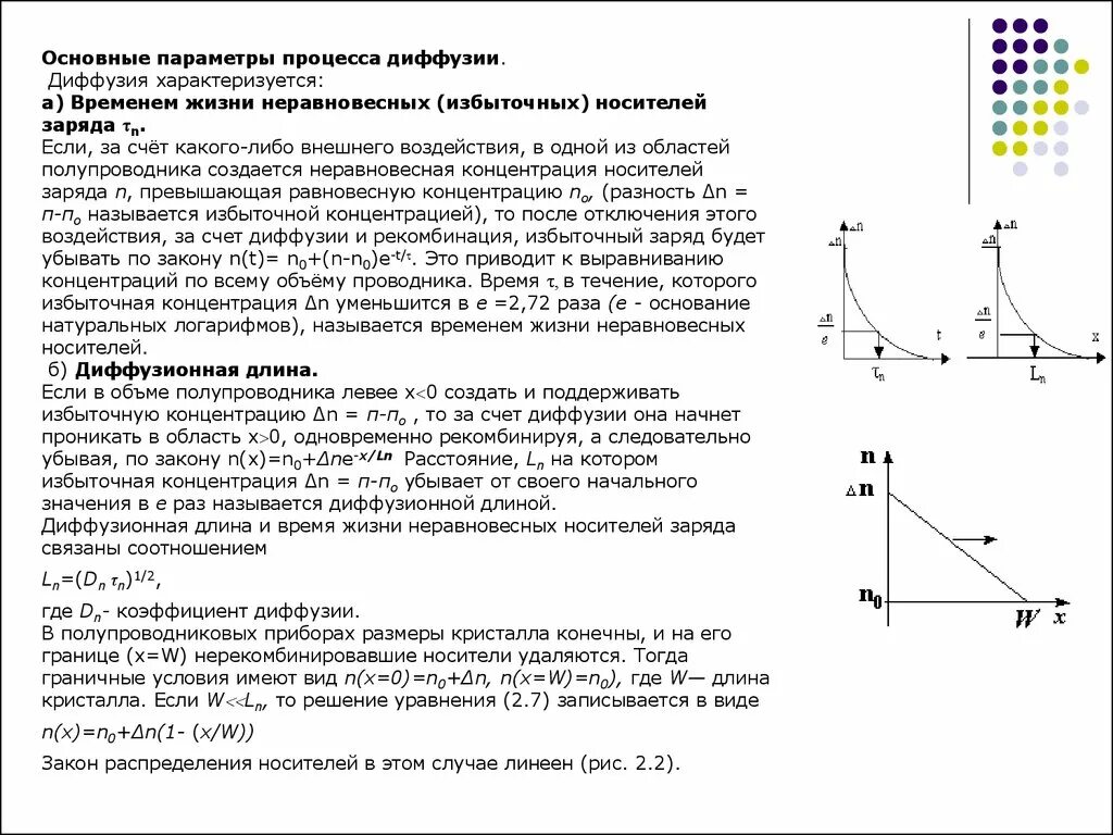 Время жизни неравновесных носителей заряда. Основные параметры процесса диффузии. Диффузионная длина носителей заряда в полупроводниках. Концентрация неравновесных носителей. Время жизнь зарядов