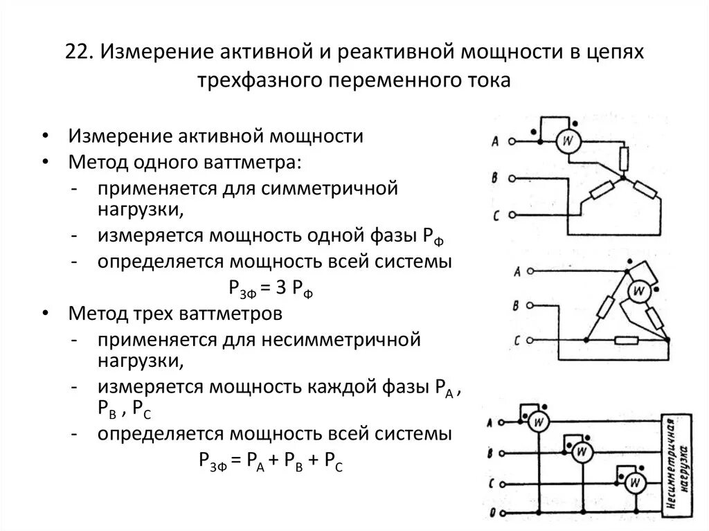 Подключение ваттметра постоянного тока схема. Измерение активной мощности в трехфазных цепях. Измерение реактивной мощности в цепях трехфазного тока.. Измерение мощности в трехфазных цепях переменного тока.