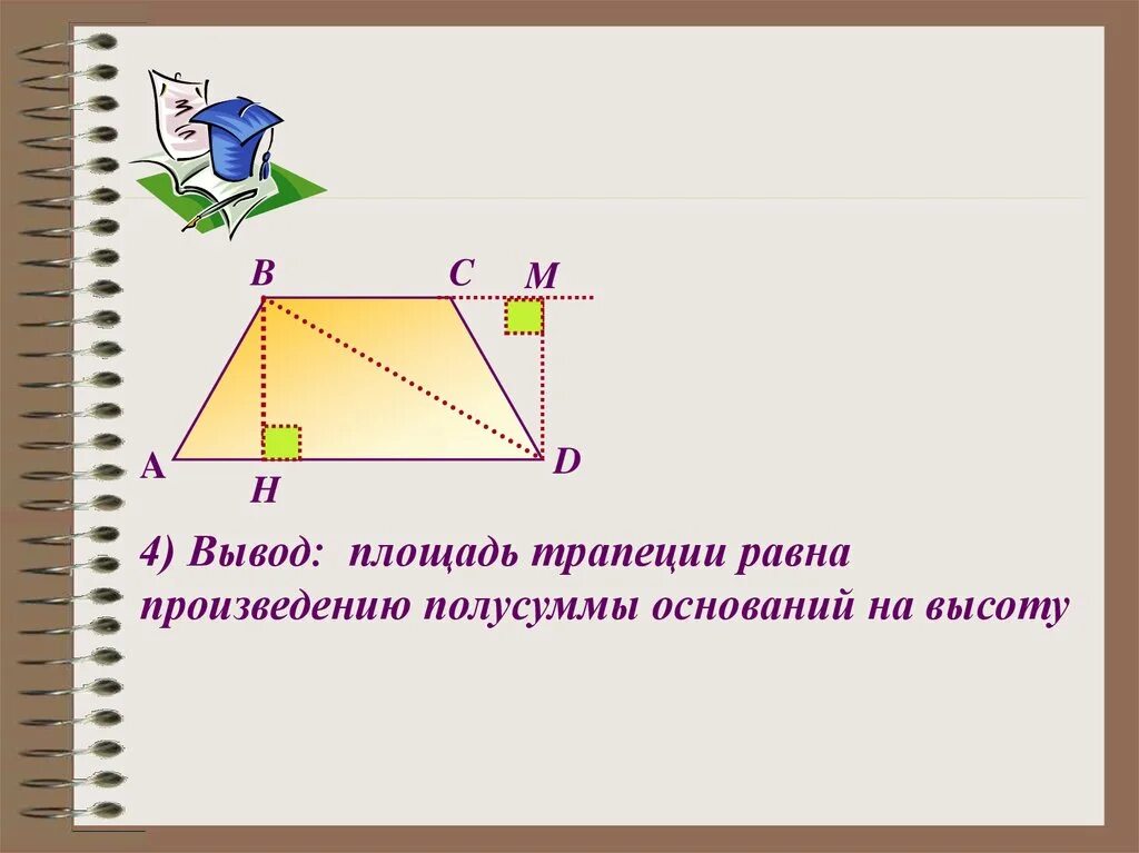 Площадь равна произведению полусуммы оснований на высоту. Вывод площади трапеции. Площадь трапеции равна произведению полусуммы оснований на высоту. Площадь трапеции равна произведению полусуммы ее оснований на высоту. Вывод формулы площади трапеции.