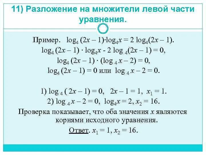 Решение логарифмических уравнений методом разложения на множители. Логарифмические уравнения метод разложения. Метод разложения на множители логарифмических уравнений. Решение логарифмических уравнений ЕГЭ.