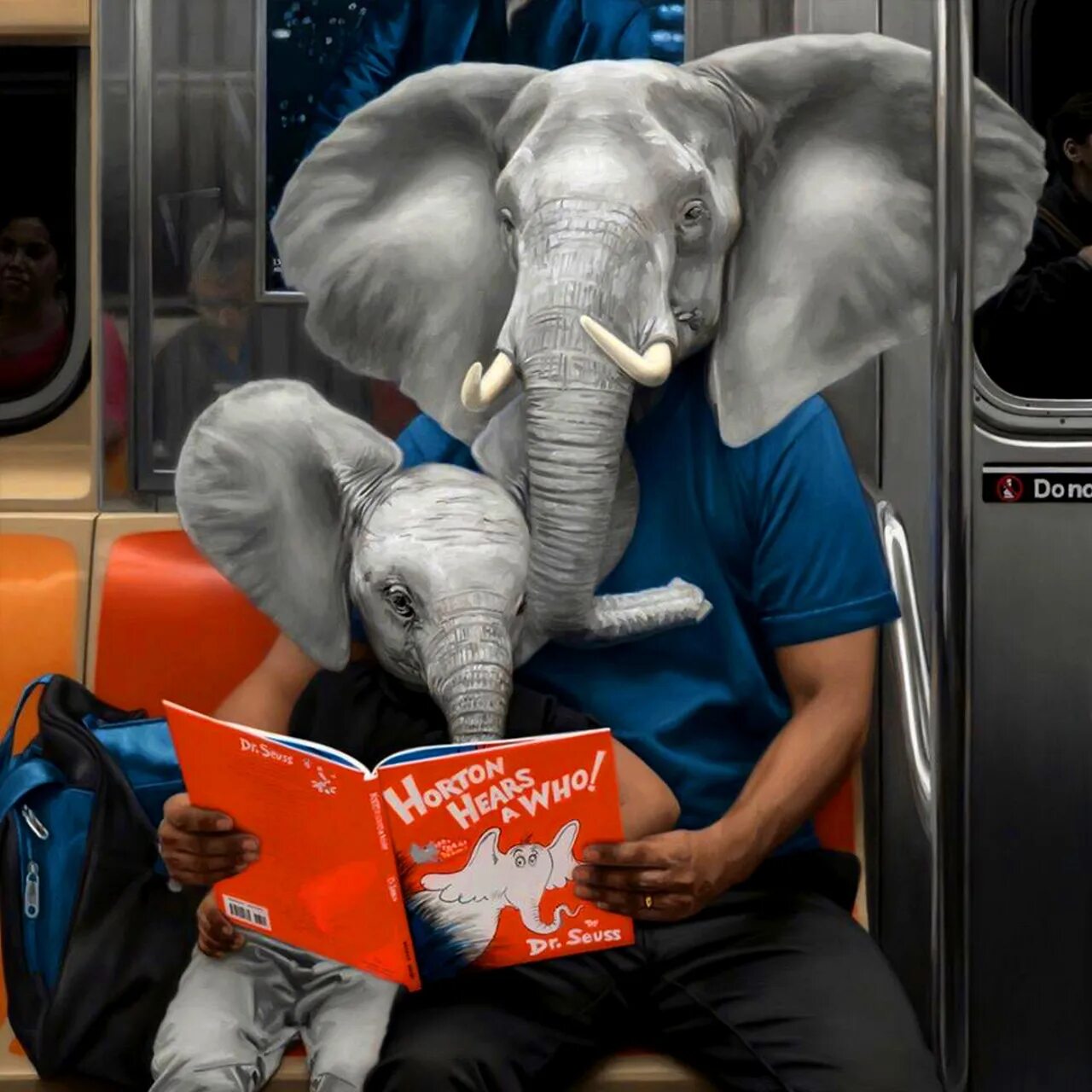 Father elephant. Matthew Grabelsky. Человек с головой животного. Необычное животное в метро.