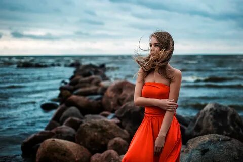 women, model, brunette, depth of field, ocean, orange dress 