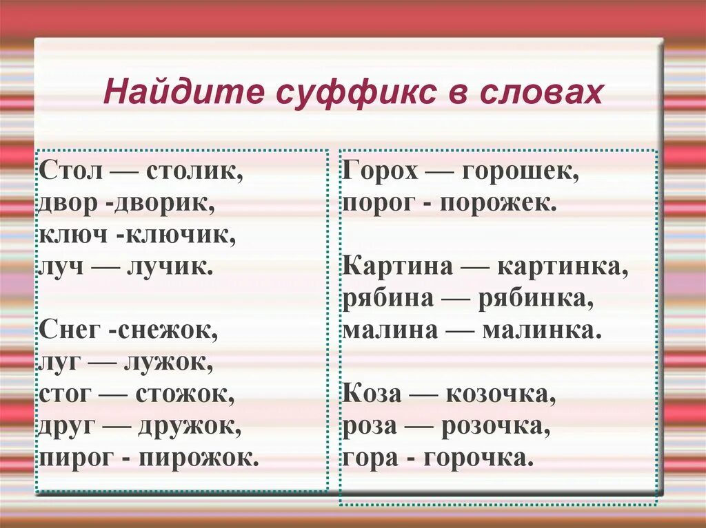 Горох суффикс. Суффикс. Слова с суффиксом к. Выдели в словах суффик. Как найти суффикс.