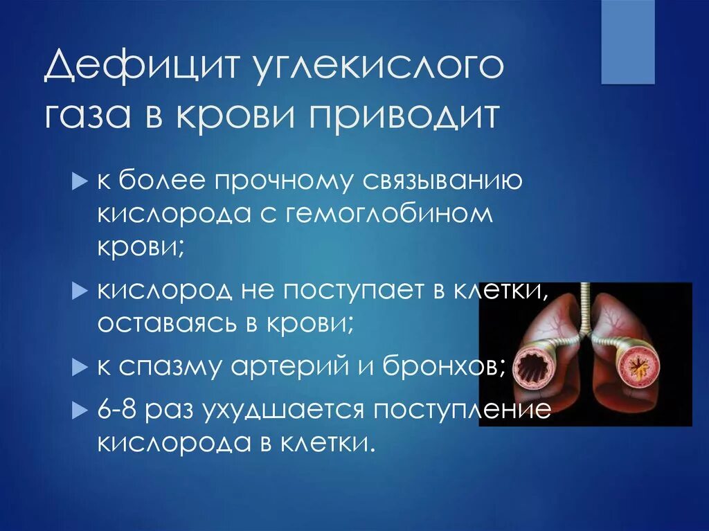 Недостаток углекислого газа в организме. Недостаток кислорода в крови. Избыток углекислого газа в организме. Недостаток кислорода в крови приводит к.