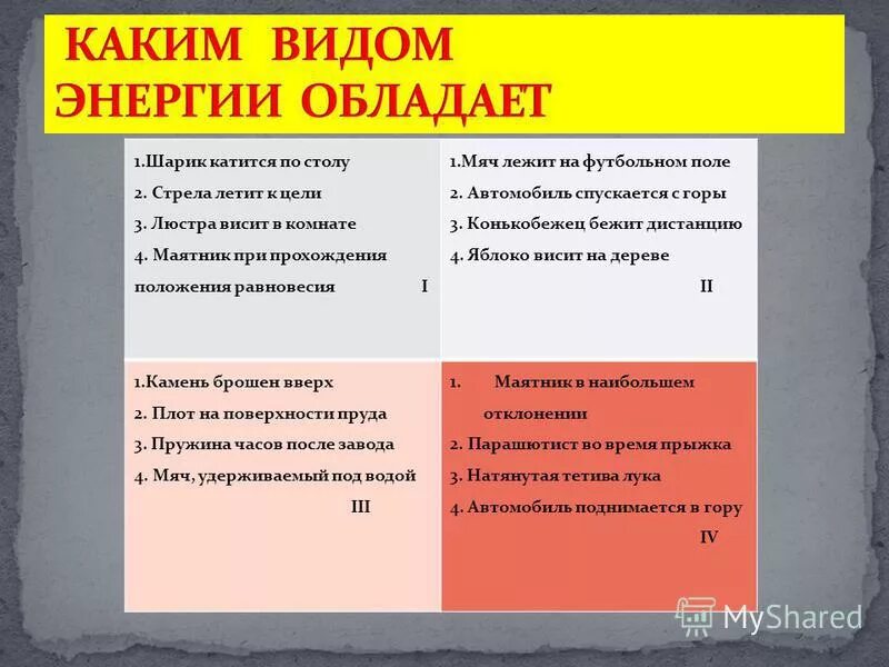 Каким видом энергии обладает мяч. Какими видами энергии обладает шарик. Укажите, какое тело какими видами энергии обладает. Какой энергией обладает летящая стрела. Информация обладает энергией