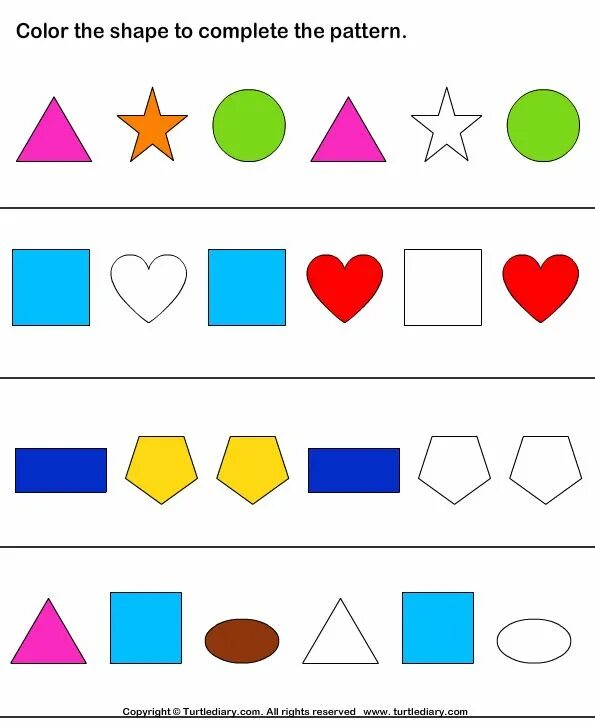 Sequence shape. Фигуры пдф. colour the shapes. complete the pattern. continue the pattern.