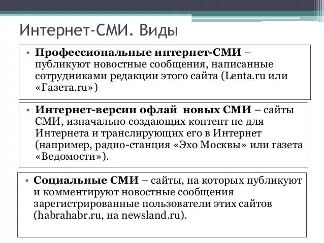 Признаки интернет сми. Виды интернет СМИ. Виды средств массовой информации.