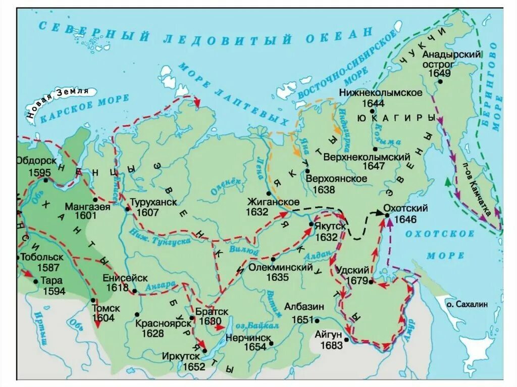 Северо восток осваивался по инициативе власти. Карта сибирь 17 век землепроходцы. карта освоения дальнего востока в 17 веке. освоение сибири и дальнего востока карта россии в 17 веке. русские землепроходцы 17 века карта.