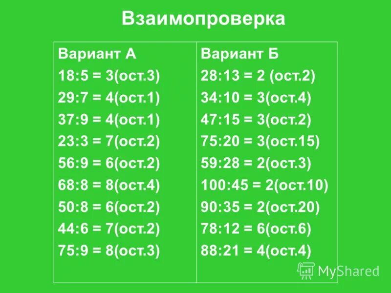 19 4 ост. :9=1 (Ост6). 6*:7=8 ОСТ. :4=6(Ост3). У:5=8( ОСТ.2).