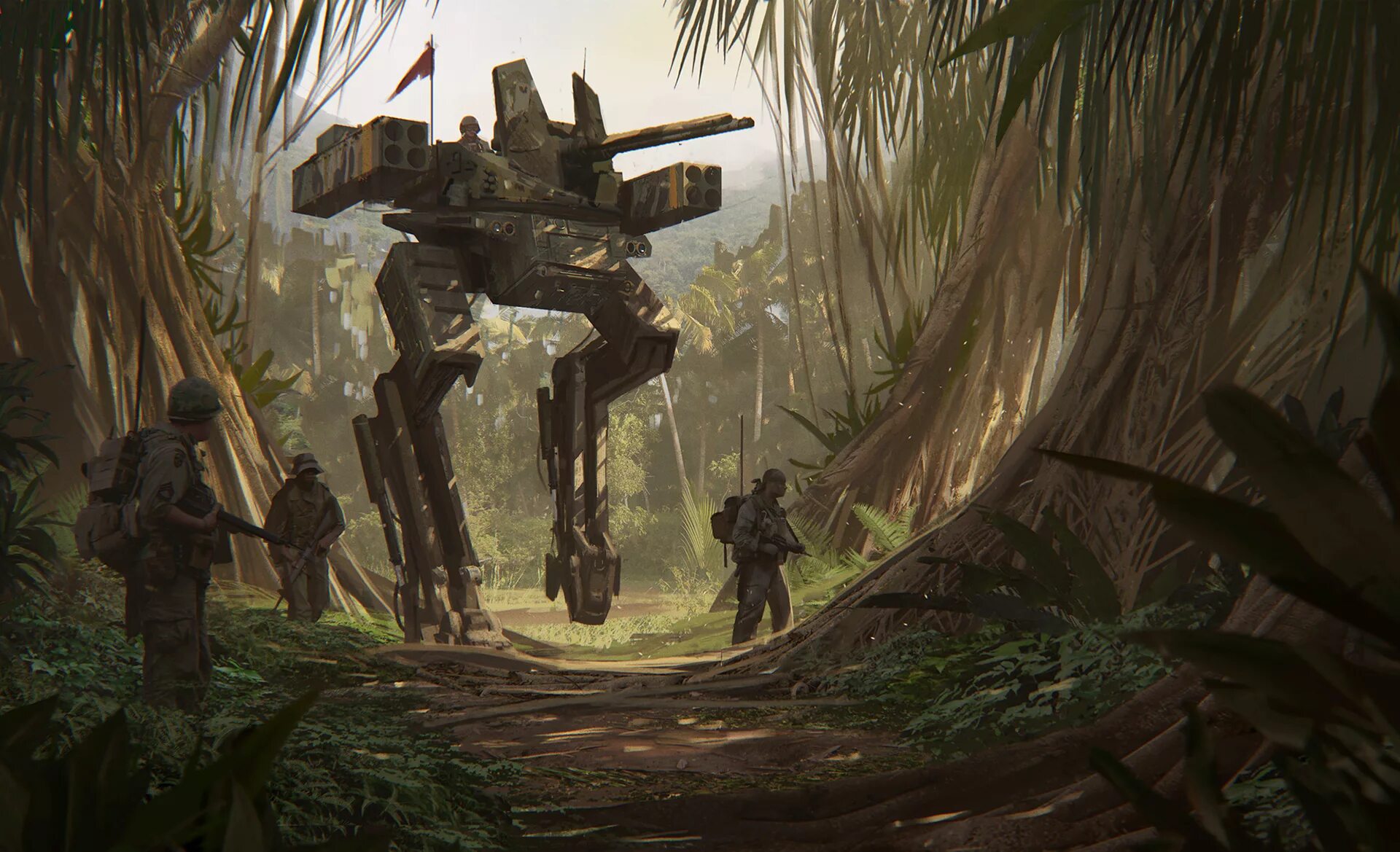 Sci-Fi Art джунгли. Инопланетные джунгли. Военные в джунглях арт. Солдат будущего в джунглях.