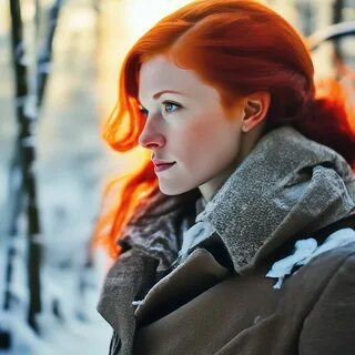 sly woman, redhead, winter forest, bright sun, red mountain ash.